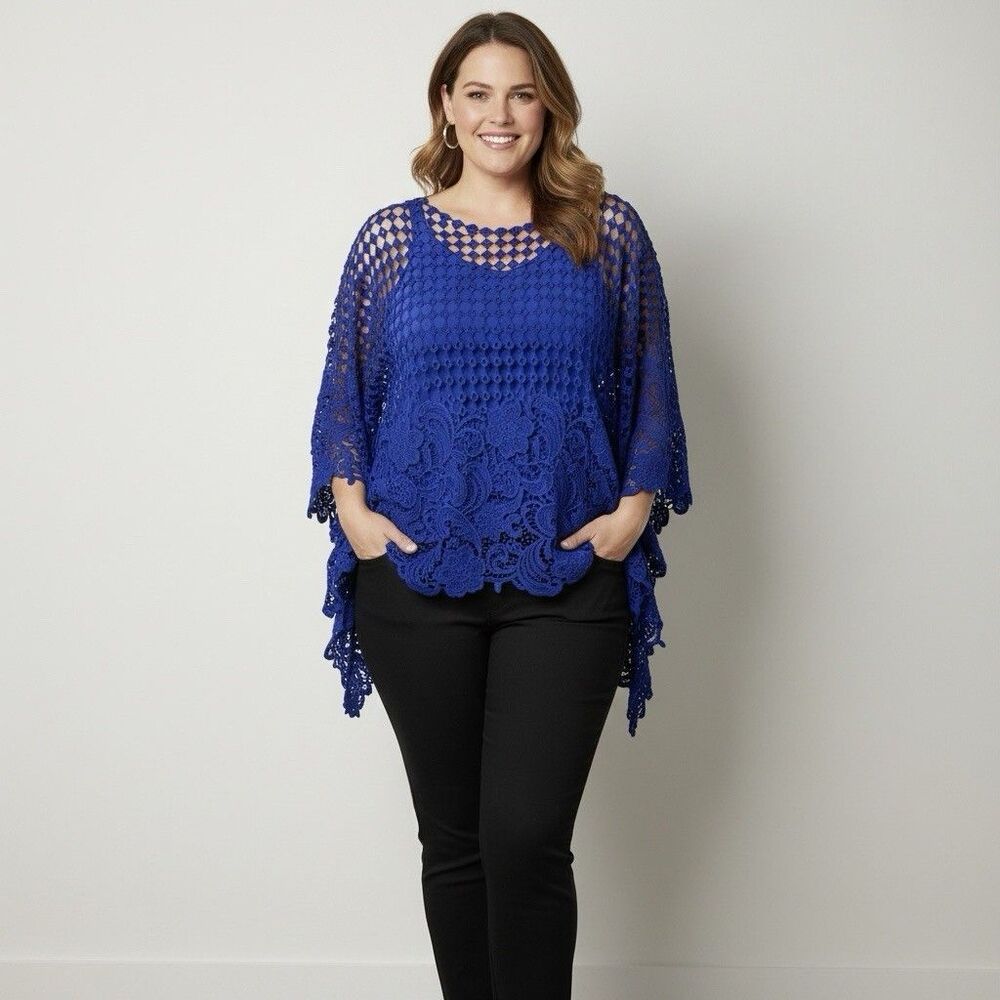 Marc Bouwer Size 2X Blue 2 Piece Layered Crochet Shark Bite Blouse Boho Floral